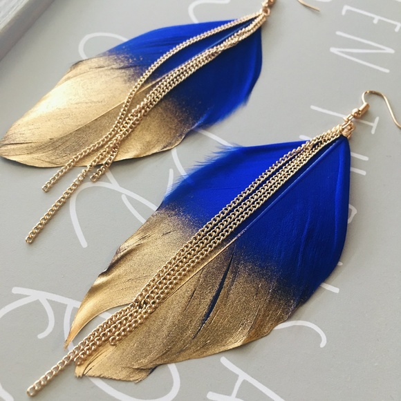 Gold-Dipped Royal Blue Chain Feather Earrings - Picture 4 of 5